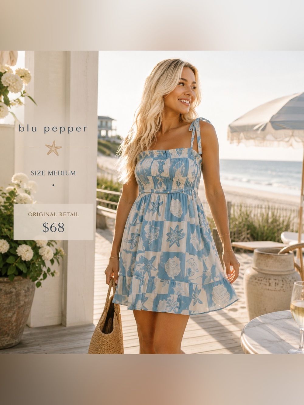 Blu Pepper Blue and White Seashell Tie-Shoulder Mini Dress